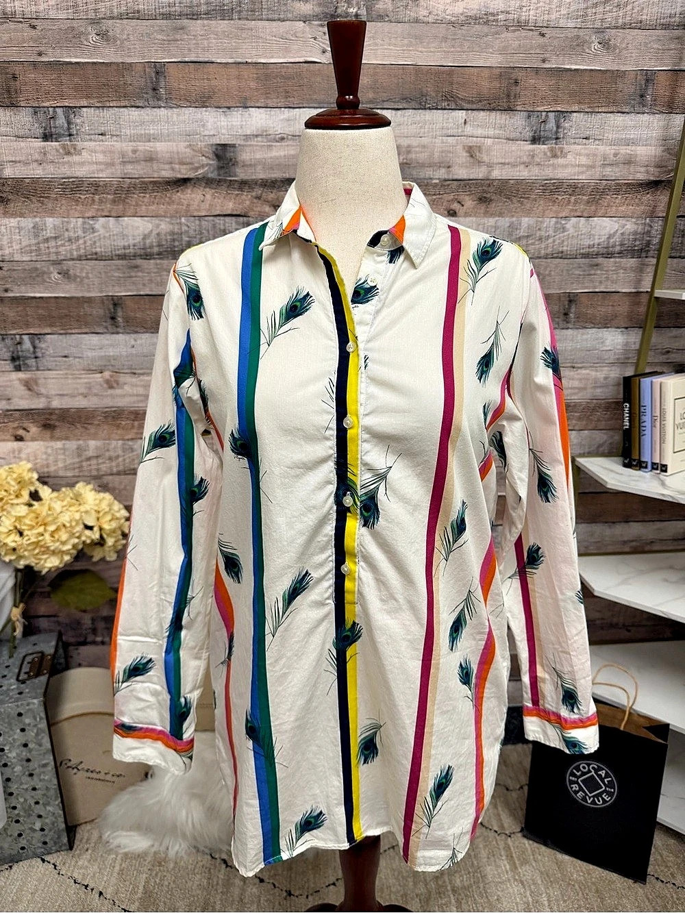 Vilagallo multi color long sleeve button down shirt w/ peacock feathers